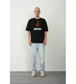 Erkek Baskılı T-Shirt Kısa Kol Bisiklet Yaka Regular Fit Rahat Kalıp Günlük Tişört - Siyah