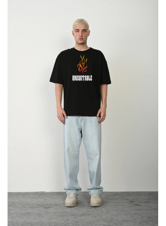 Erkek Baskılı T-Shirt Kısa Kol Bisiklet Yaka Regular Fit Rahat Kalıp Günlük Tişört - Siyah