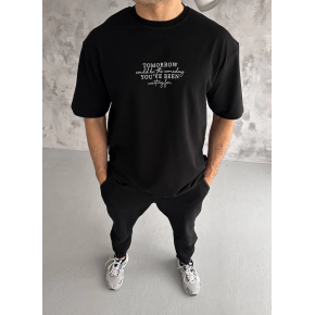 Erkek Kısa Kol Yazlık Tişört Bisiklet Yaka Baskılı Oversize T-Shirt - Siyah