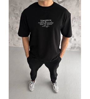 Erkek Kısa Kol Yazlık Tişört Bisiklet Yaka Baskılı Oversize T-Shirt - Siyah