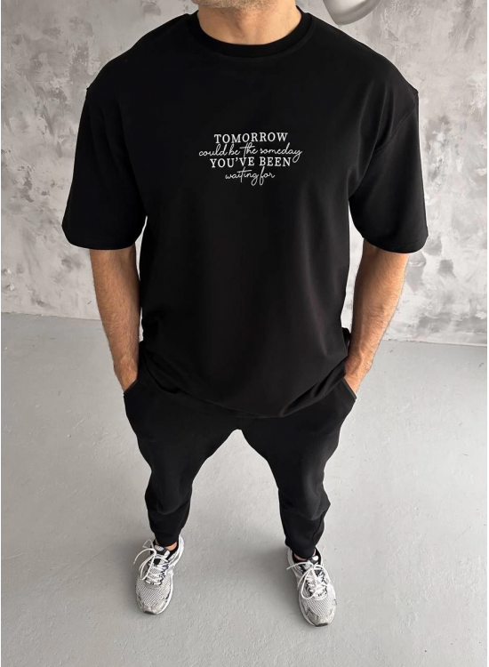 Erkek Kısa Kol Yazlık Tişört Bisiklet Yaka Baskılı Oversize T-Shirt - Siyah