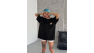 Kadın Baskılı T-Shirt Kısa Kol Bisiklet Yaka Oversize Rahat Kalıp Günlük Tişört - Siyah Kadın Baskılı T-Shirt Kısa Kol Bisiklet Yaka Oversize Rahat Kalıp Günlük Tişört - Siyah