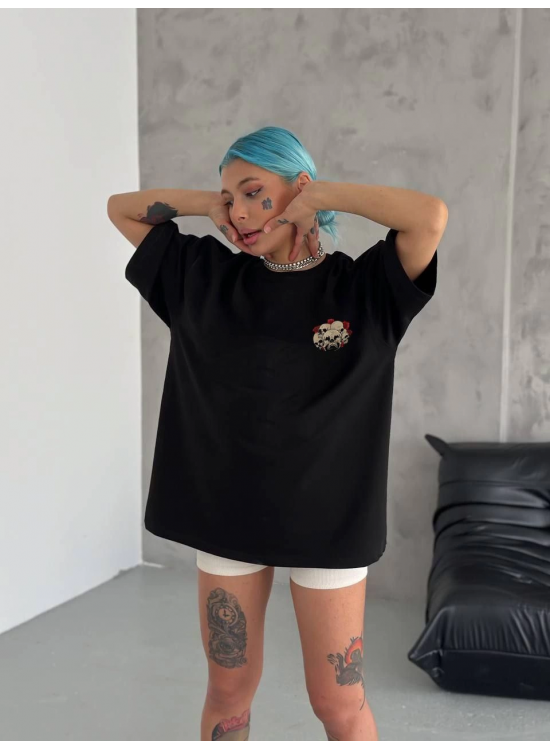 Kadın Baskılı T-Shirt Kısa Kol Bisiklet Yaka Oversize Rahat Kalıp Günlük Tişört - Siyah Kadın Baskılı T-Shirt Kısa Kol Bisiklet Yaka Oversize Rahat Kalıp Günlük Tişört - Siyah