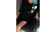 kadın Bisiklet Yaka Baskılı Oversize Kısa kol T-Shirt - Siyah kadın Bisiklet Yaka Baskılı Oversize Kısa kol T-Shirt - Siyah