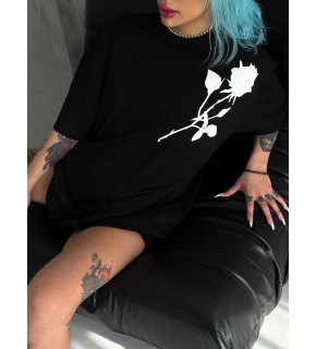 kadın Bisiklet Yaka Baskılı Oversize  Kısa kol T-Shirt - Siyah