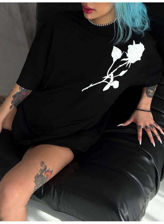 kadın Bisiklet Yaka Baskılı Oversize Kısa kol T-Shirt - Siyah kadın Bisiklet Yaka Baskılı Oversize Kısa kol T-Shirt - Siyah