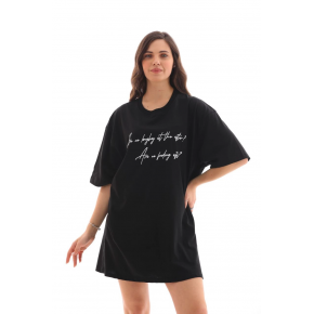 Kadın Kısa Kol Yazlık Tişört Bisiklet Yaka Baskılı Oversize T-Shirt - Siyah