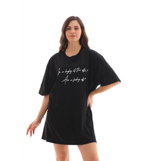 Kadın Kısa Kol Yazlık Tişört Bisiklet Yaka Baskılı Oversize T-Shirt - Siyah