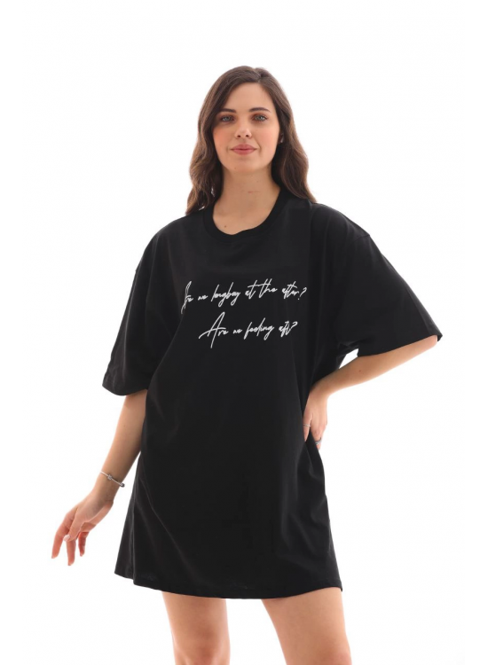 Kadın Kısa Kol Yazlık Tişört Bisiklet Yaka Baskılı Oversize T-Shirt - Siyah Kadın Kısa Kol Yazlık Tişört Bisiklet Yaka Baskılı Oversize T-Shirt - Siyah