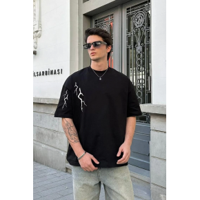 Erkek Kısa Kol Tişört Bisiklet Yaka Yıldırım Baskılı Oversize T-Shirt - Siyah