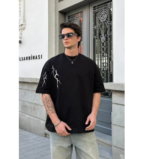 Erkek Kısa Kol Tişört Bisiklet Yaka Yıldırım Baskılı Oversize T-Shirt - Siyah