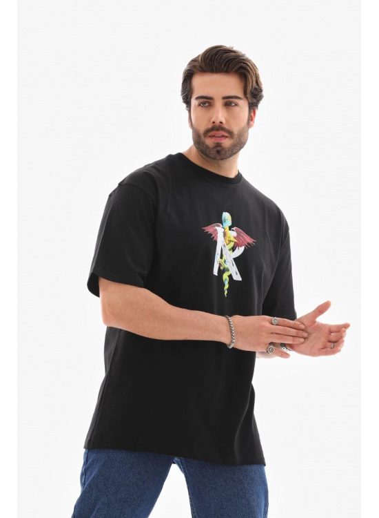 Erkek Baskılı T-Shirt Kısa Kol Bisiklet Yaka Regular Fit Rahat Kalıp Tişört -  Siyah
