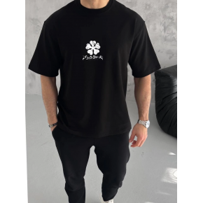 Erkek Kısa Kol Tişört Bisiklet Yaka YONCA Baskılı Oversize T-Shirt - Siyah