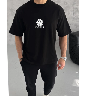 Erkek Kısa Kol Tişört Bisiklet Yaka YONCA Baskılı Oversize T-Shirt - Siyah