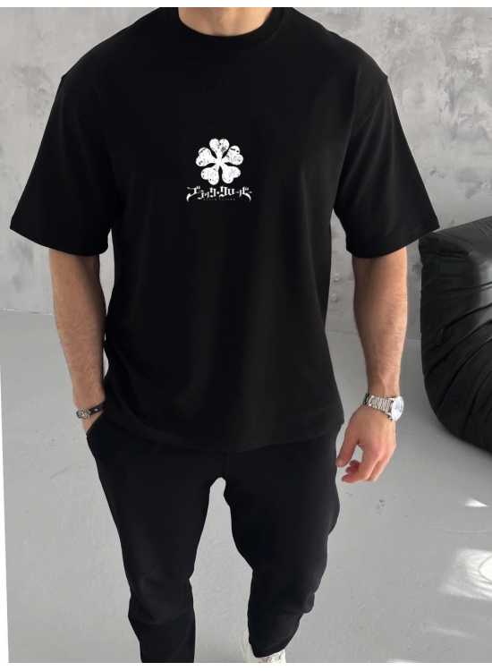 Erkek Kısa Kol Tişört Bisiklet Yaka YONCA Baskılı Oversize T-Shirt - Siyah Erkek Kısa Kol Tişört Bisiklet Yaka YONCA Baskılı Oversize T-Shirt - Siyah