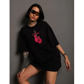 Kadın Kısa Kol Tişört Bisiklet Yaka Boxy Eldiven Baskılı T-Shirt - Siyah