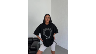 Kadın Baskılı T-Shirt Kısa Kol Bisiklet Yaka Oversize Rahat Kalıp Günlük Tişört - Siyah Kadın Baskılı T-Shirt Kısa Kol Bisiklet Yaka Oversize Rahat Kalıp Günlük Tişört - Siyah