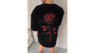 kadın Bisiklet Yaka Baskılı Oversize Kısa kol T-Shirt - Siyah kadın Bisiklet Yaka Baskılı Oversize Kısa kol T-Shirt - Siyah