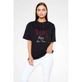 kadın Bisiklet Yaka  Kısa kol Baskılı Oversize T-Shirt - Siyah