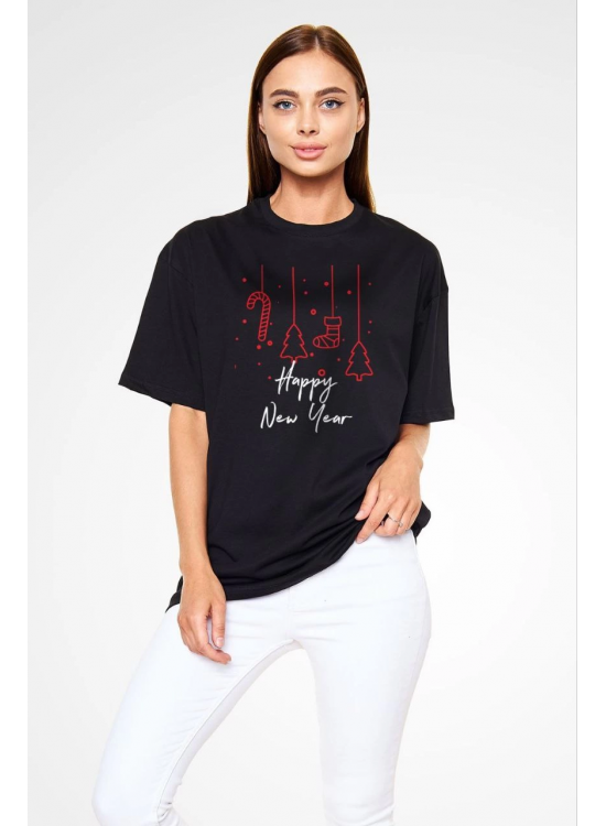 kadın Bisiklet Yaka Kısa kol Baskılı Oversize T-Shirt - Siyah kadın Bisiklet Yaka Kısa kol Baskılı Oversize T-Shirt - Siyah