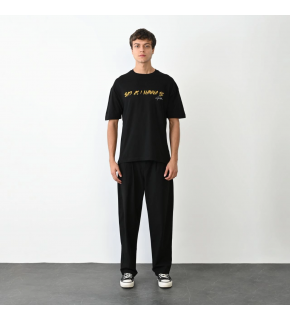 Erkek Baskılı T-Shirt Kısa Kol Bisiklet Yaka Regular Fit Rahat Kalıp Günlük Tişört - Siyah
