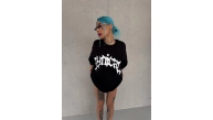 kadın Bisiklet Yaka Baskılı Oversize Kısa kol T-Shirt - Siyah kadın Bisiklet Yaka Baskılı Oversize Kısa kol T-Shirt - Siyah