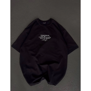 Kadın Baskılı T-Shirt Kısa Kol Bisiklet Yaka Oversize Rahat Kalıp Günlük Tişört   - Siyah