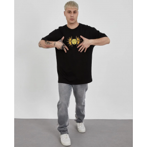 Erkek Kısa Kol Yazlık Tişört Bisiklet Yaka Baskılı Oversize T-Shirt - Siyah