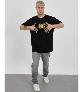 Erkek Kısa Kol Yazlık Tişört Bisiklet Yaka Baskılı Oversize T-Shirt - Siyah