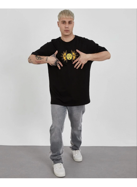 Erkek Kısa Kol Yazlık Tişört Bisiklet Yaka Baskılı Oversize T-Shirt - Siyah Erkek Kısa Kol Yazlık Tişört Bisiklet Yaka Baskılı Oversize T-Shirt - Siyah