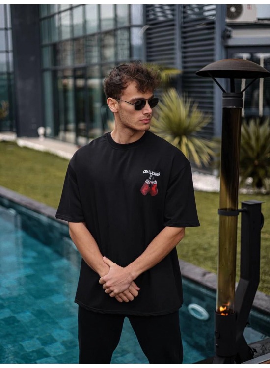 Erkek Kısa Kol Tişört Bisiklet Yaka Box Eldiven Baskılı T-Shirt - Siyah Erkek Kısa Kol Tişört Bisiklet Yaka Box Eldiven Baskılı T-Shirt - Siyah