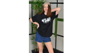 Kadın Bisiklet Yaka Baskılı Kısa kol Oversize T-Shirt - Siyah Kadın Bisiklet Yaka Baskılı Kısa kol Oversize T-Shirt - Siyah