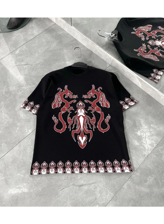 Erkek  Kısa kol  Bisiklet Yaka Baskılı Oversize T-Shirt - Siyah