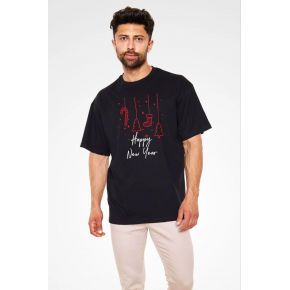 Erkek Kısa Kol Tişört Bisiklet Yaka Yeni Yıl Baskılı T-Shirt - Siyah