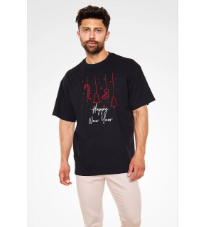 Erkek Kısa Kol Tişört Bisiklet Yaka Yeni Yıl Baskılı T-Shirt - Siyah