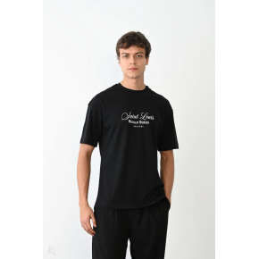 Erkek Kısa Kol Yazlık Tişört Bisiklet Yaka Baskılı Oversize T-Shirt - Siyah
