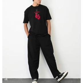 Erkek Boks Eldiven Baskılı T-Shirt Kısa Kol Bisiklet Yaka Regular Tişört - Siyah