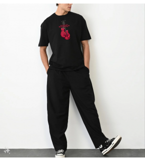 Erkek Boks Eldiven Baskılı T-Shirt Kısa Kol Bisiklet Yaka Regular Tişört - Siyah