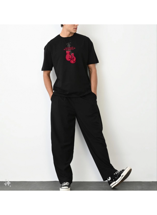 Erkek Boks Eldiven Baskılı T-Shirt Kısa Kol Bisiklet Yaka Regular Tişört - Siyah Erkek Boks Eldiven Baskılı T-Shirt Kısa Kol Bisiklet Yaka Regular Tişört - Siyah