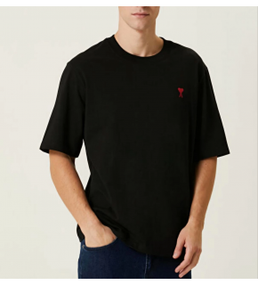 Erkek Kısa Kol Tişört Bisiklet Yaka KALP Baskılı Oversize T-Shirt - Siyah