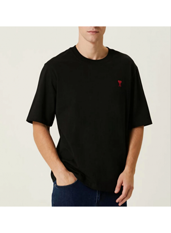 Erkek Kısa Kol Tişört Bisiklet Yaka KALP Baskılı Oversize T-Shirt - Siyah Erkek Kısa Kol Tişört Bisiklet Yaka KALP Baskılı Oversize T-Shirt - Siyah
