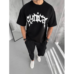 Erkek Tişört Bisiklet Yaka Baskılı Oversize Kısa kol T-Shirt - Siyah