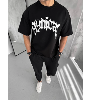 Erkek Tişört Bisiklet Yaka Baskılı Oversize Kısa kol T-Shirt - Siyah