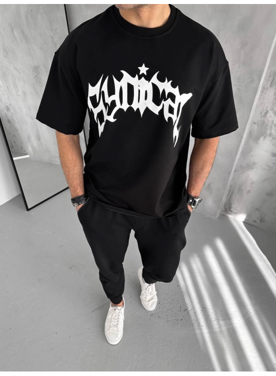 Erkek Tişört Bisiklet Yaka Baskılı Oversize Kısa kol T-Shirt - Siyah Erkek Tişört Bisiklet Yaka Baskılı Oversize Kısa kol T-Shirt - Siyah
