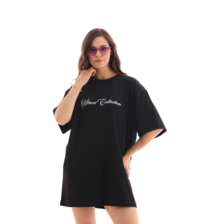 Kadın Baskılı T-Shirt Kısa Kol Bisiklet Yaka Oversize Rahat Kalıp Günlük Tişört - Siyah