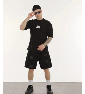 Erkek Kısa Kol Yazlık Tişört Bisiklet Yaka Baskılı Oversize T-Shirt - Siyah