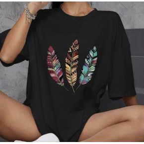 Kadın Baskılı T-Shirt Kısa Kol Bisiklet Yaka Oversize Rahat Kalıp Günlük Tişört   - Siyah