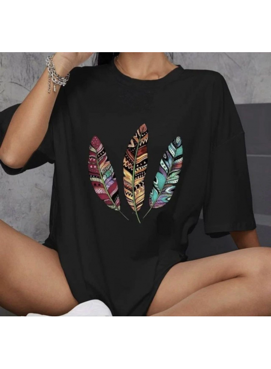 Kadın Baskılı T-Shirt Kısa Kol Bisiklet Yaka Oversize Rahat Kalıp Günlük Tişört - Siyah Kadın Baskılı T-Shirt Kısa Kol Bisiklet Yaka Oversize Rahat Kalıp Günlük Tişört - Siyah