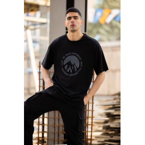 Erkek Baskılı T-Shirt Kısa Kol Bisiklet Yaka Regular Fit Rahat Kalıp Günlük Tişört - Siyah