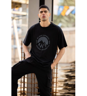 Erkek Baskılı T-Shirt Kısa Kol Bisiklet Yaka Regular Fit Rahat Kalıp Günlük Tişört - Siyah
